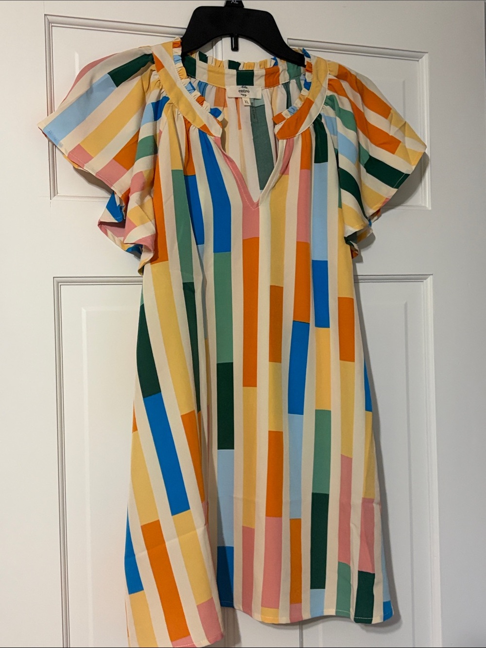 ENTRO Colorblock Stripe Flutter Sleeve Top - Multicolor